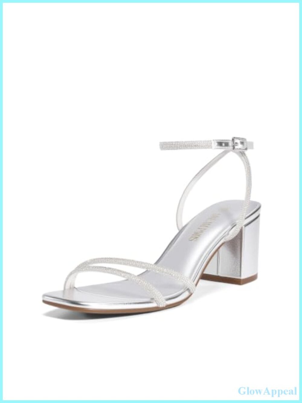 Women's Chunky Block Heel Ankle Strap Sandal Faux Leather Rhinestone Square Toe